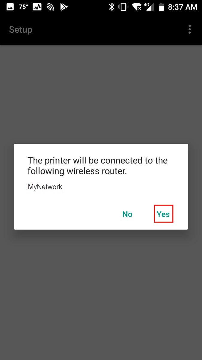 Confirmation message: The printer will be connected to the following wireless router.. Select Yes to continue.
