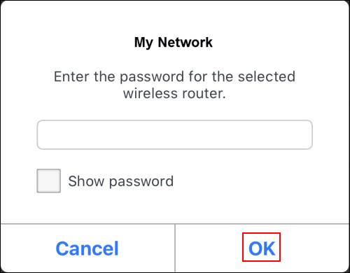 Enter your network password and tap OK (outlined in red)