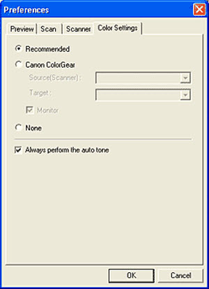 Color Settings tab in ScanGear Preferences window