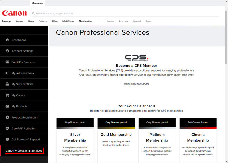 Canon Professional Services screen