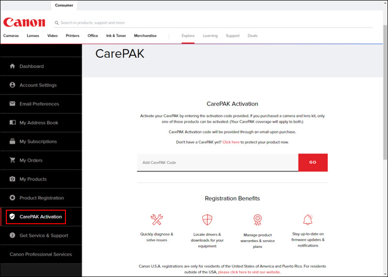 CarePAK Activation screen