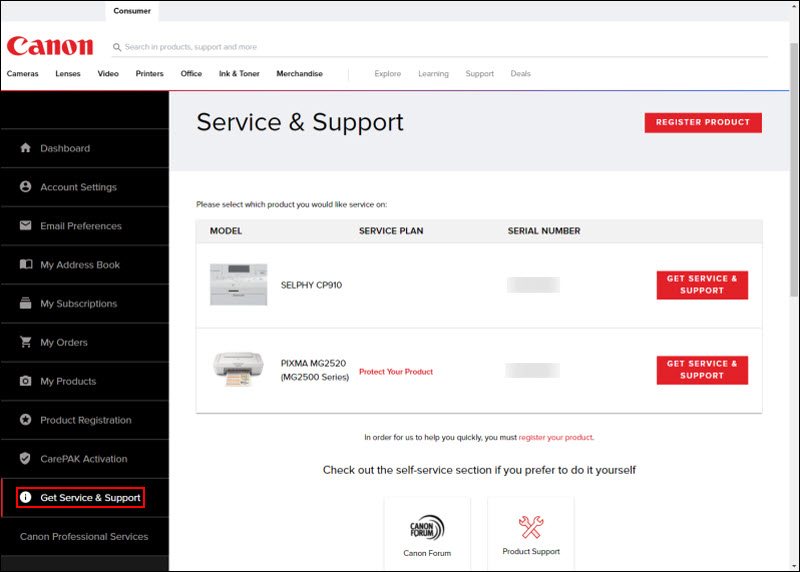 Get Service & Support screen
