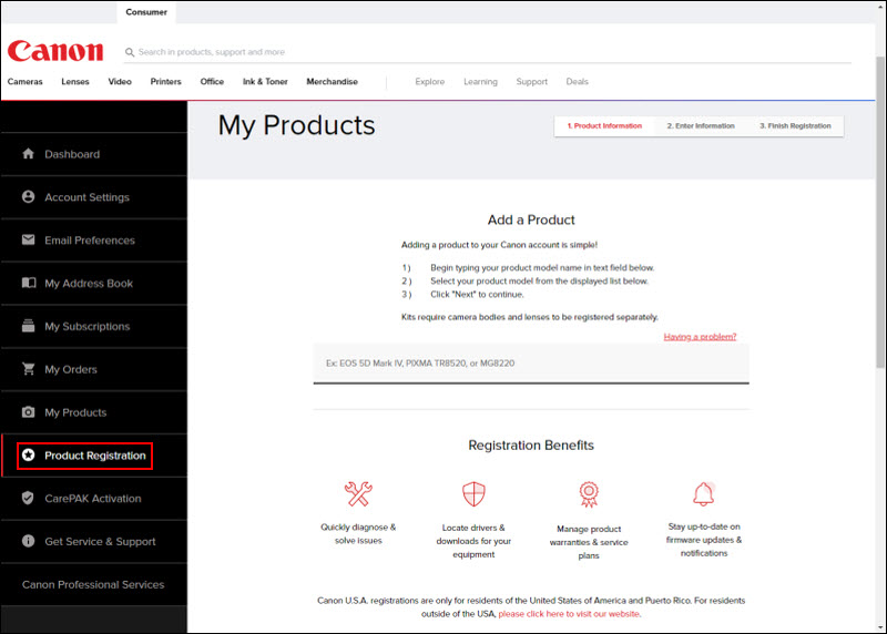 Product Registration screen