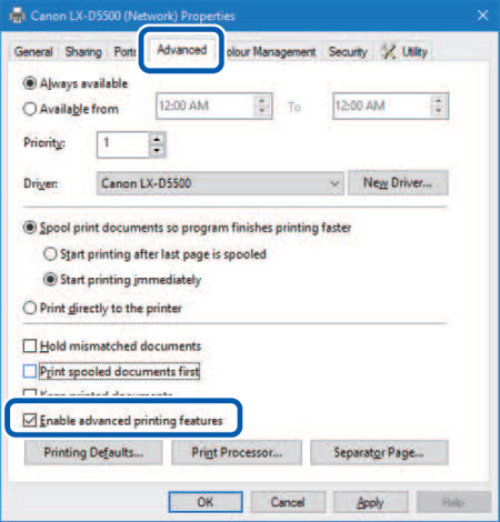 [Enable advanced printing features] check box checked (circled)