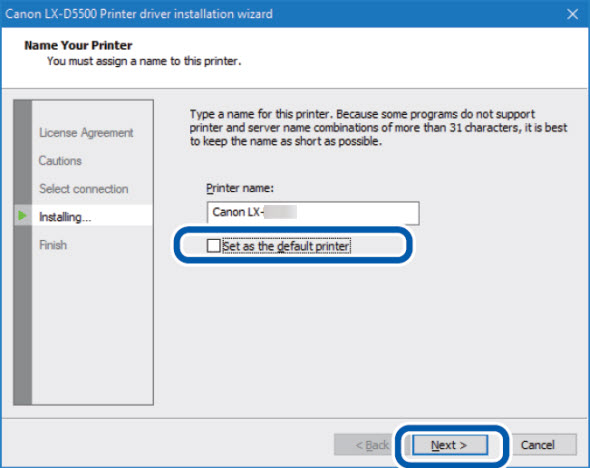 Checkbox for setting the printer as the default is not checked (circled)