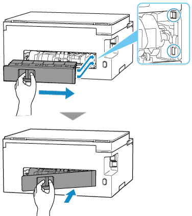 Insert the projections of the right side of the rear cover into the printer, and then push the left side of the rear cover until it is closed as shown