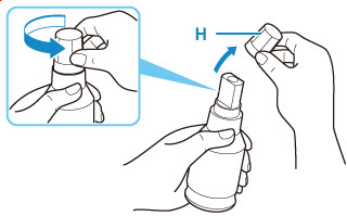 Hold the ink bottle upright and gently twist the bottle cap (H) to remove
