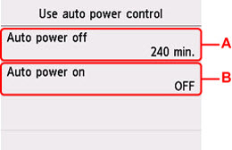 Auto power control settings screen