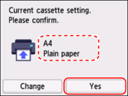 Check the paper size and media type shown, then tap Yes (outlined in red)