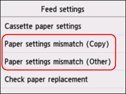 Select Paper settings mismatch (Copy) or Paper settings mismatch (Other) (outlined in red)