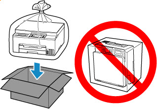 Place the printer in the box as shown. Do not stand the printer on its side