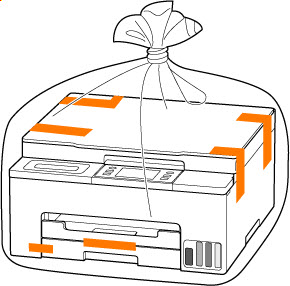 Secure the covers of the printer with adhesive tape, then pack the printer in a large plastic bag