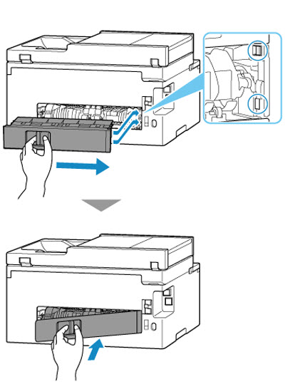 Insert the projections of the right side of the rear cover into the printer, and then push the left side of the rear cover until it is closed as shown