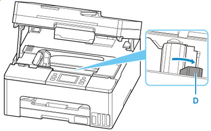Turn the ink valve lever (D) to the right as shown