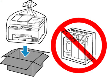 Place the printer in the box as shown. Do not stand the printer on its side