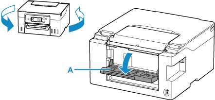 Turn the printer around to open the rear flat tray (A)