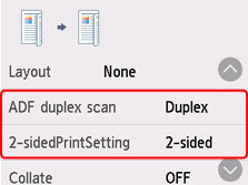 Figure: ADF duplex scan set to Duplex, 2-sidedPrintSetting set to 2-sided (outlined in red)