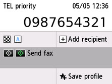 Figure: Fax standby screen with destination number entered