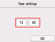 Time settings screen with numbers for the time outlined in red
