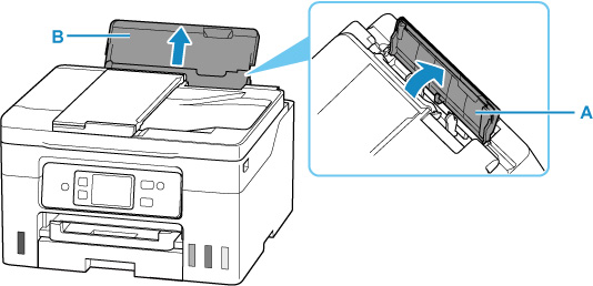 Open the rear tray cover (A) and then pull up the paper support (B)