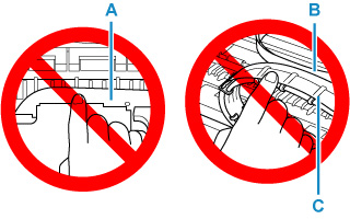 Do not touch the clear film, white belt, or tubes (A, B, C)