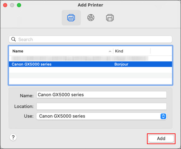 Select the printer with Bonjour listed in the Kind column. Make sure the printer is listed next to Use: and click Add (outlined in red)