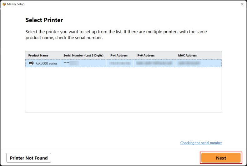 Select the printer in the list, then click Next
