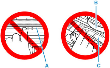 Do not touch the clear film (A), white belt (B), or tubes (C)