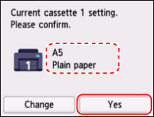 Tap Yes (outlined in red) after confirming the paper settings