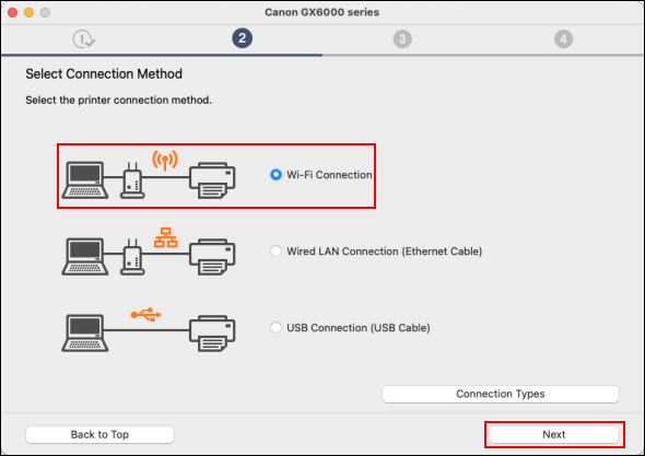 Select Wi-Fi Connection (outlined in red), then click Next to proceed
