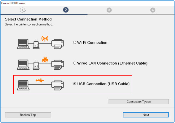 Select USB Connection (USB Cable), then click Next (outlined in red)