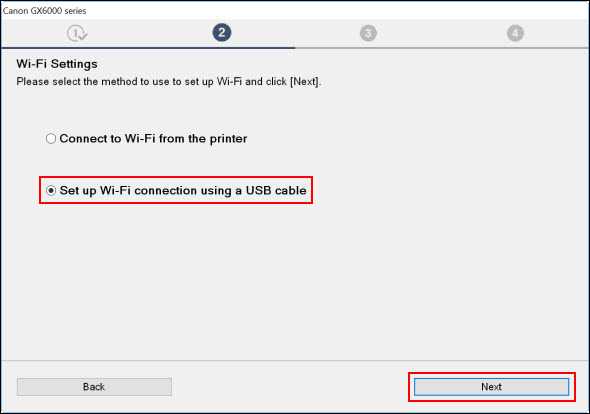 Select Set up Wi-Fi connection using a USB cable, then click Next (outlined in red)