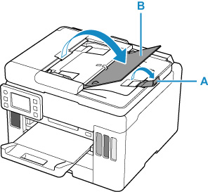Open the document stopper (A) and the document tray (B)