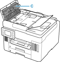 Wipe off any paper dust from the inside of the document feeder cover (C)