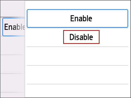 Enable is selected by default (outlined in blue). Tap Disable (outlined in red)