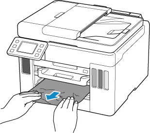 Pull out the cassette and remove the jammed paper slowly with both hands