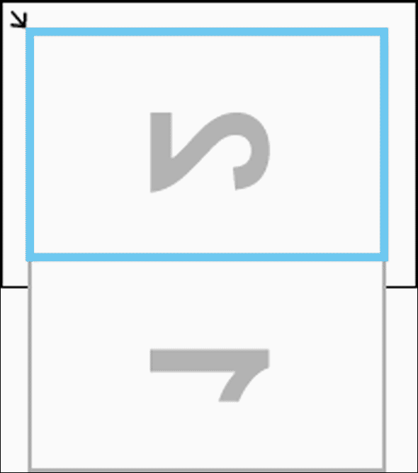 Align the lower corner of the side that is to be displayed on the right side of the screen (2) with the corner at the arrow (alignment mark) of the platen