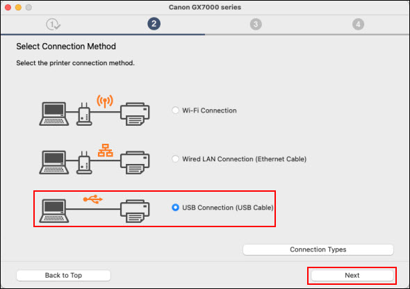 Select USB Connection (USB Cable) (outlined in red), then click Next to proceed