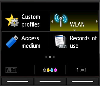 Printer home screen, with WLAN selected (upper right corner).