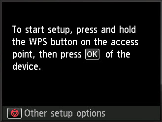 Screen: To start setup, press and hold the WPS button on the access point, then press OK on the device.