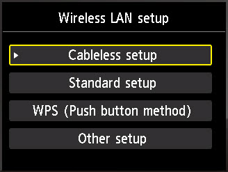 Cableless setup selected from Wireless LAN setup screen