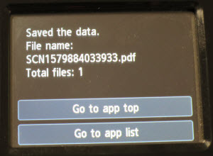 "Saved the data" screen appears with file name, number of files and Continue or Apps button at the bottom