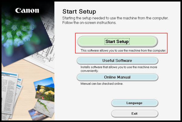 Start Setup screen with Start Setup button selected