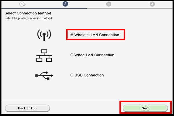 Select Connection Method: Wireless LAN Connection radio button chosen, then Next