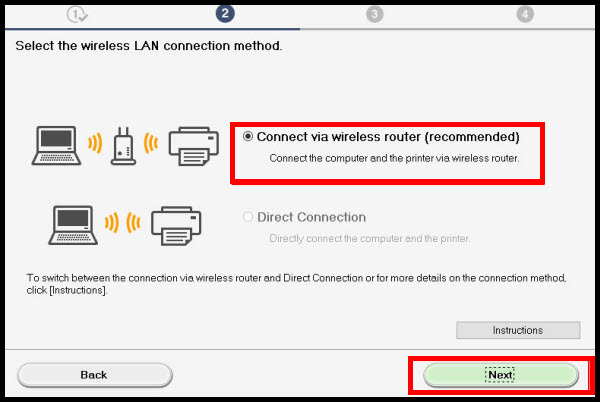 Connect via wireless router (recommended) radio button selected, then Next