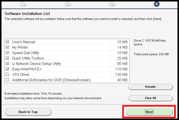 Optional software installation list, select by clicking checkbox. Then Next to continue.