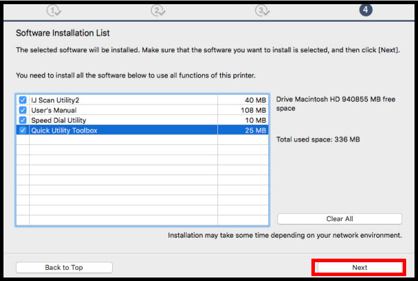 Software installation list shows sample additional software selected, and Next selected at bottom right