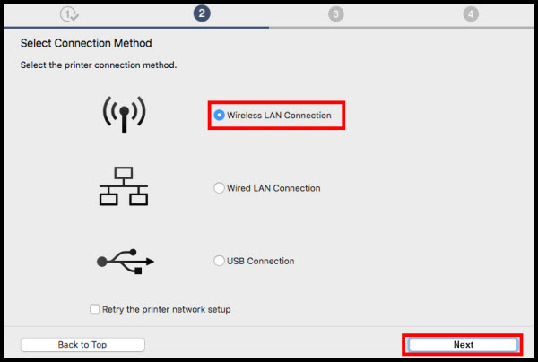 Wireless LAN Connection radio button selected, Next button at bottom right of screen selected