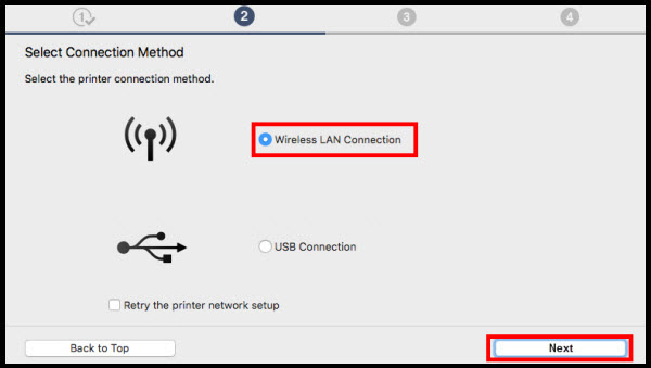 Wireless LAN connection radio button selected and Next button selected at bottom right