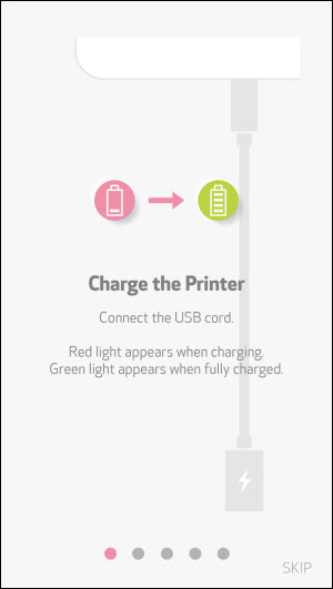 Image shows the USB cable connected to the printer and a charging / charged icon